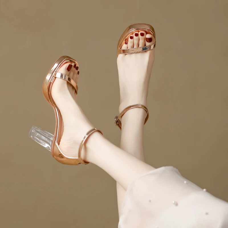 一字带凉鞋女夏季外穿透明水晶粗跟超高跟防水台绝美厚底高跟鞋