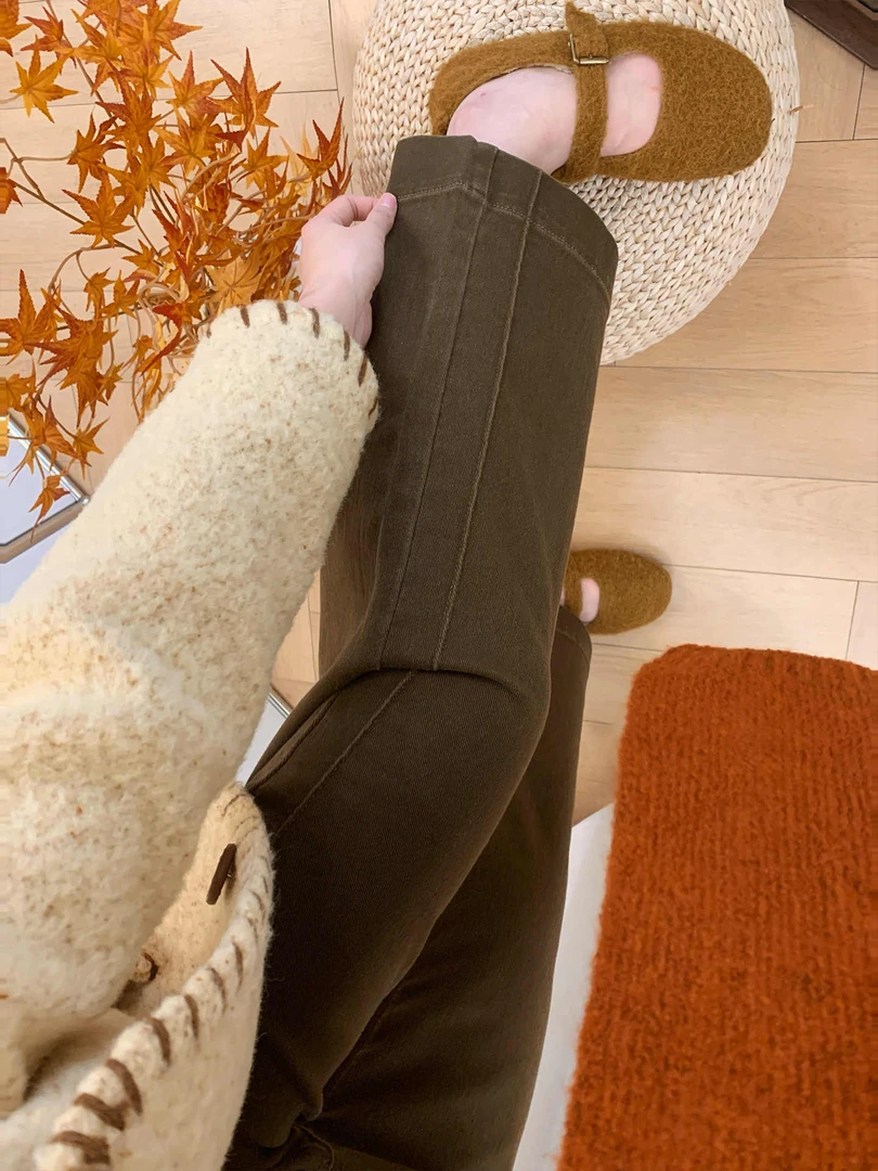 胖mm梨型身材显瘦九分裤女显瘦加绒加厚冬季美拉德咖色弹力牛仔裤