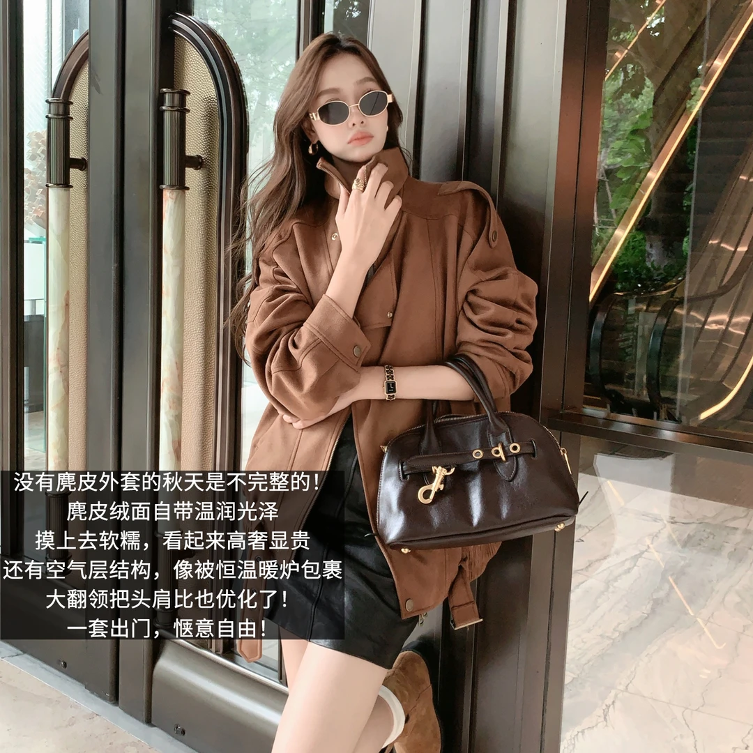 A美洋MEIYANG 落日麂皮外套【琥珀流光】复古翻领拉链夹克上衣-周五
