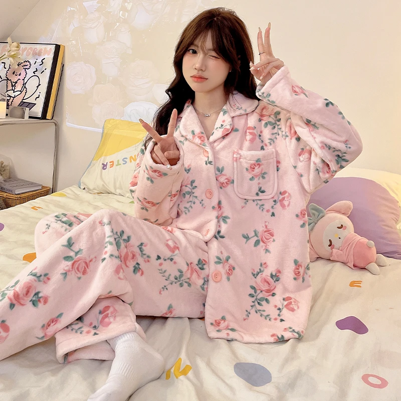 新款爆款2024秋冬季睡衣女长袖长裤加绒睡衣亲肤柔软居家服套装