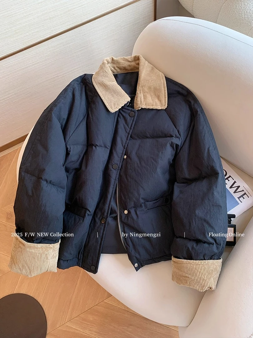 工装风撞色灯芯绒翻领棉服外套女装2025秋冬简约百搭宽松保暖上衣