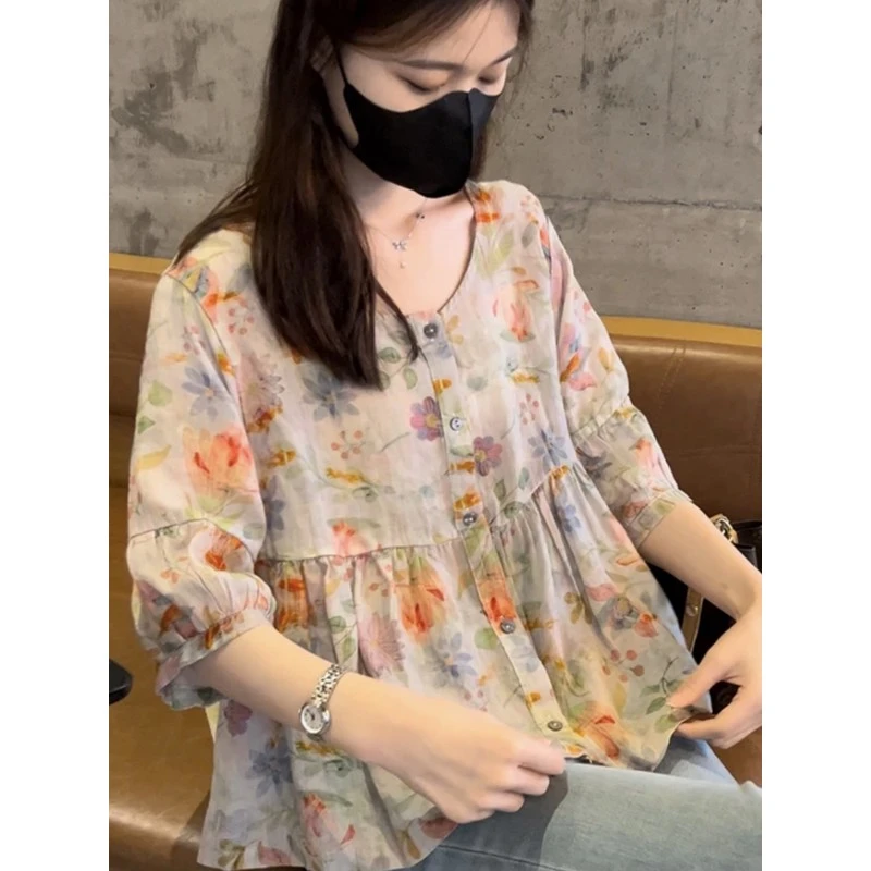 棉麻碎花上衣女中袖大码胖mm宽松遮肚子显瘦短袖t恤衫薄款娃娃衫