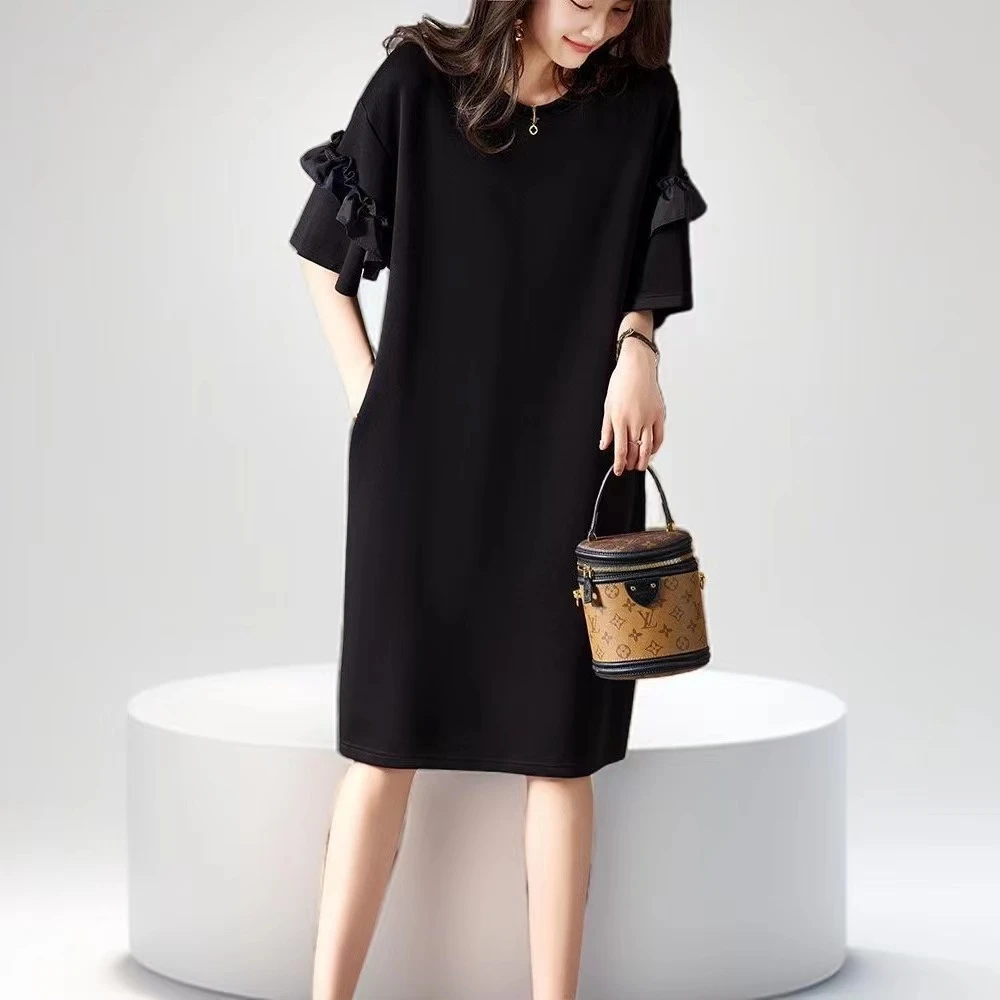 大码时尚连衣裙2025夏季新款胖mm法式赫本风荷叶边宽松显瘦裙子女