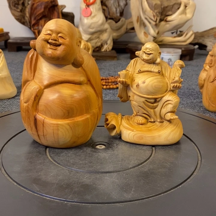 柏木（崖柏）宫**雕崖柏弥勒佛摆件2件
