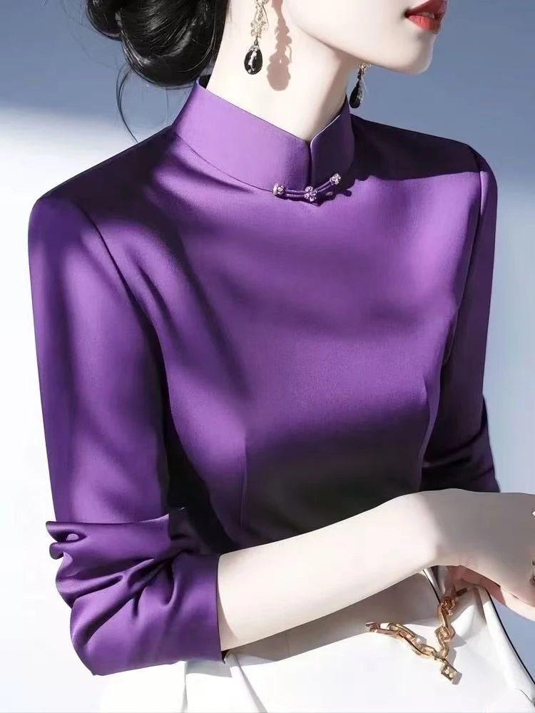 SS916新中式国风打底衫女春新款高级感轻奢独特漂亮紫色缎面衬衫