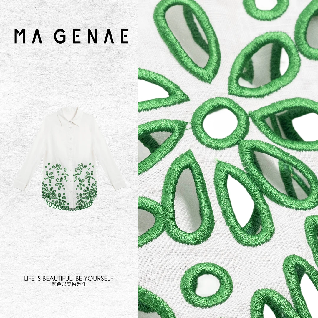 MAGENAE【绿洲】100%亚麻春季新款长袖下摆镂空设计女式衬衫SR074