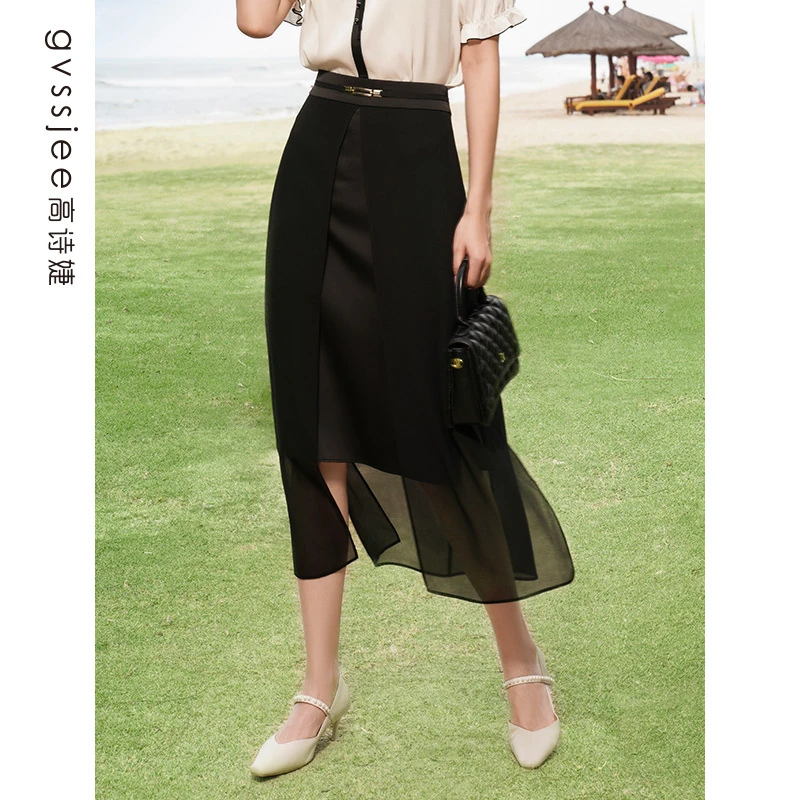 高诗婕夏季新品商场同款开叉半身裙气质百搭长裙242471086-61