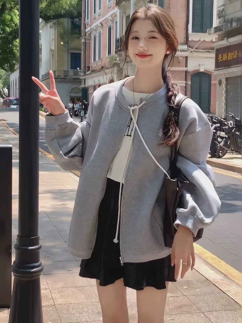 25早春落肩拉链开衫春款慵懒感卫衣