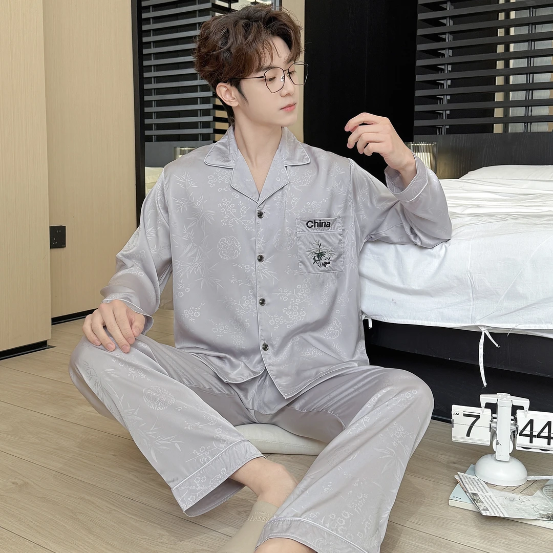【3号链接-高品男士长袖长裤】春季柔软冰雪丝双长冰雪丝套装家居服