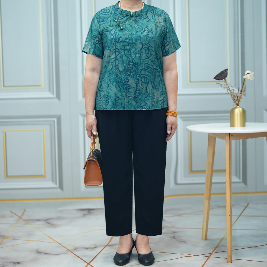 大码胖妈妈新中式套装2025夏加肥加大中老年奶奶装立领小衫两件套