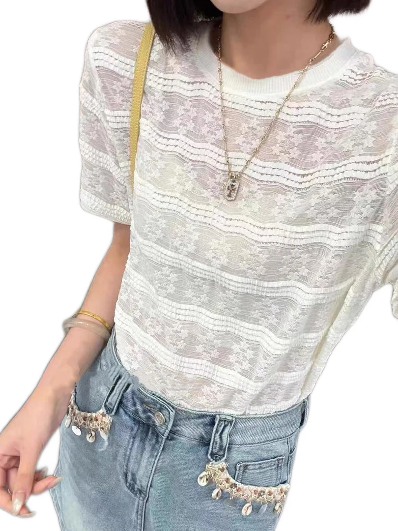 W075新款小众设计圆领立体花宽松显瘦减龄短袖T恤女