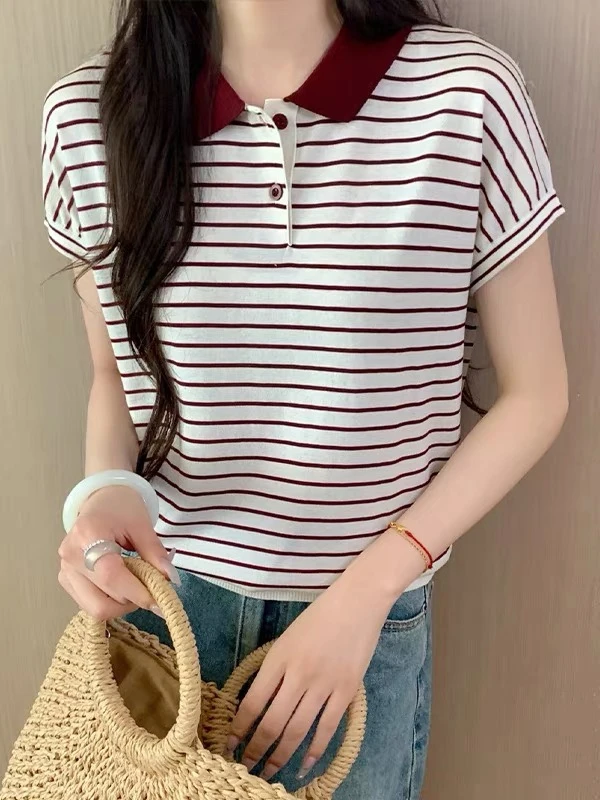 休闲拼色条纹polo领套头短袖针织衫CX262