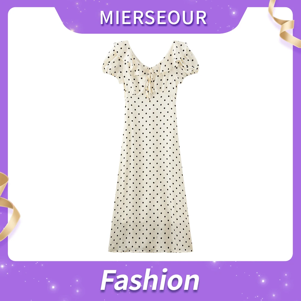 法式暗纹提花波点泡泡袖连衣裙女收腰复古荷叶边V领长裙 D8080