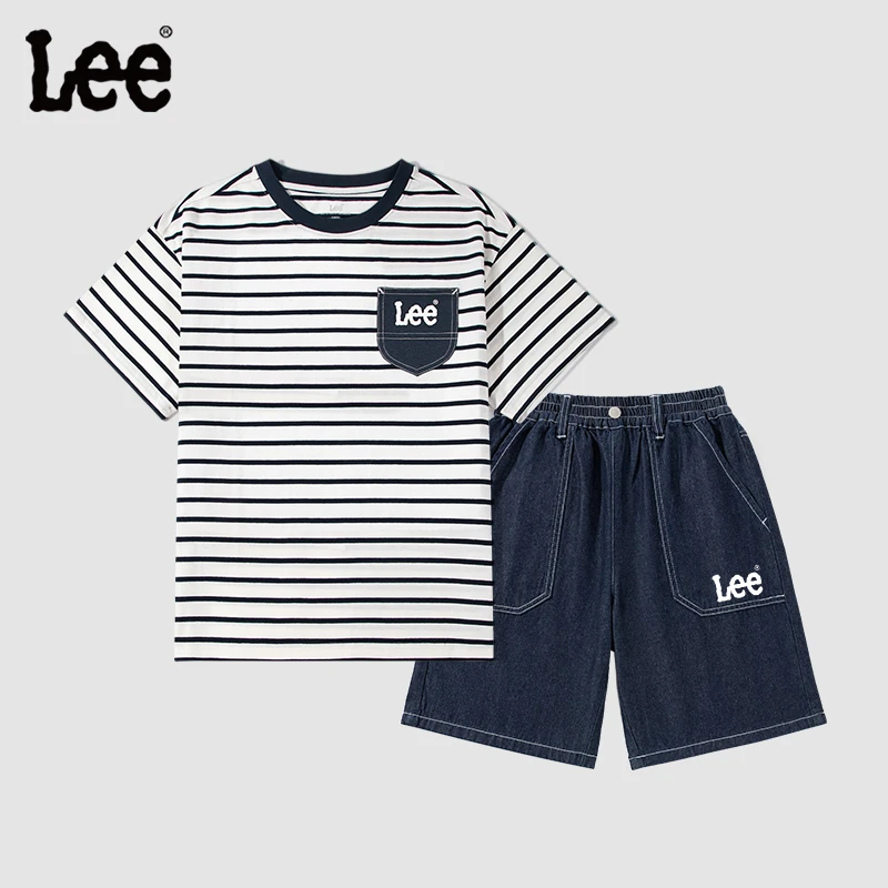 Leekids童装男童套装夏季儿童2025新款条纹上衣大童潮流休闲短裤
