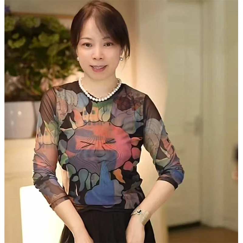 夏季薄款圆领长袖T恤女2025新款高级感减龄时尚印花防晒罩衫上衣