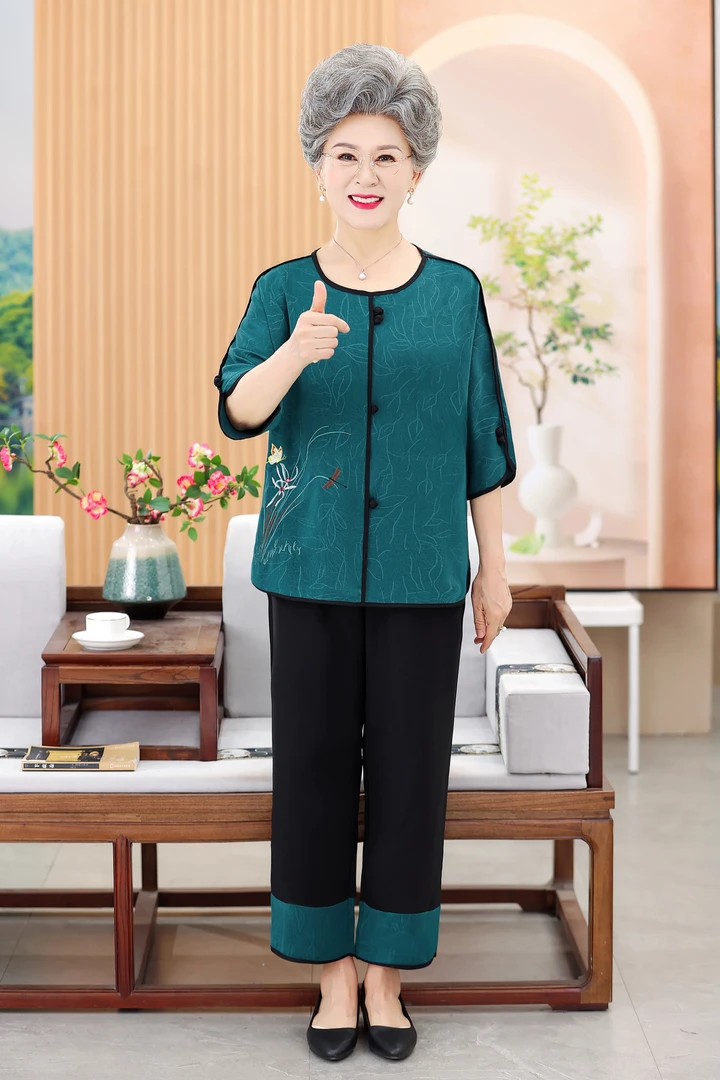 中老年人夏装女妈妈装短袖T恤6070岁奶奶春秋套装老人太太上衣服