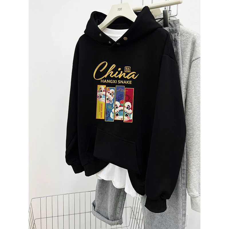 国潮牌蛇年图案印花冬季新款黑色重磅连帽卫衣男女装加绒宽松上衣