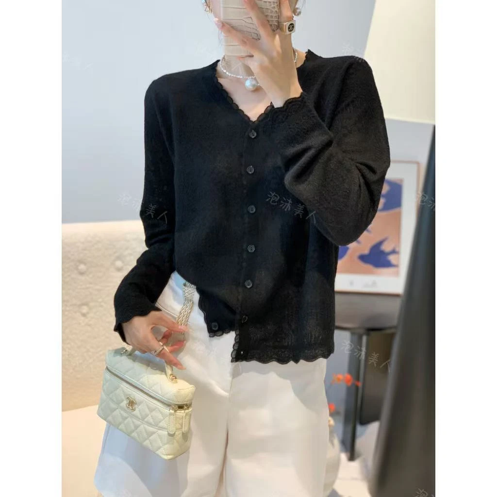 花边蕾丝早秋必备V领薄款小个子针织开衫 衣长54 胸围104