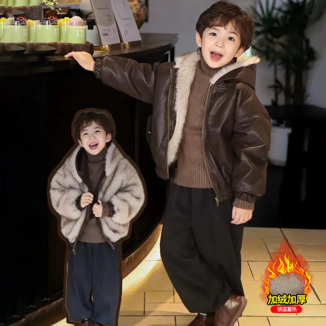 男童加绒皮衣外套秋冬季痞帅儿童双面穿毛毛衣男孩加厚冬装PU夹克
