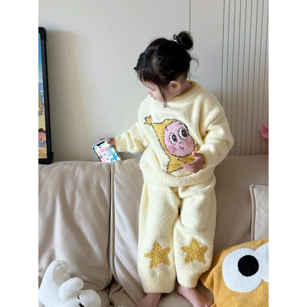 奥莱正品儿童睡衣秋装2026新款韩系男童女童星星人女童半边绒睡衣