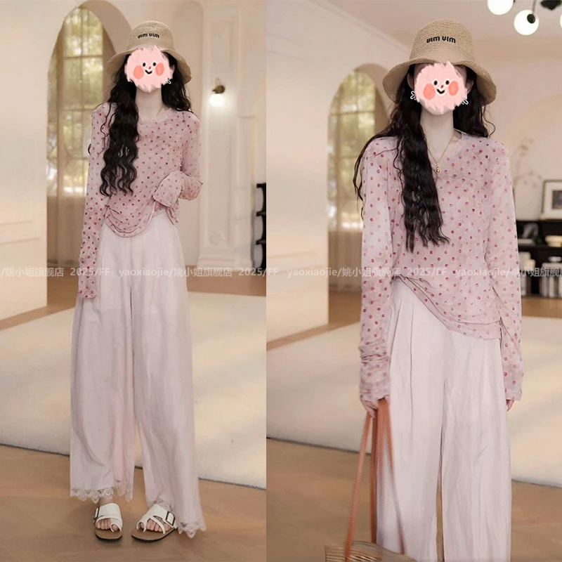 洋气衣服女2025夏季波点收腰长袖防晒T恤上衣瘦直筒裤气质套装