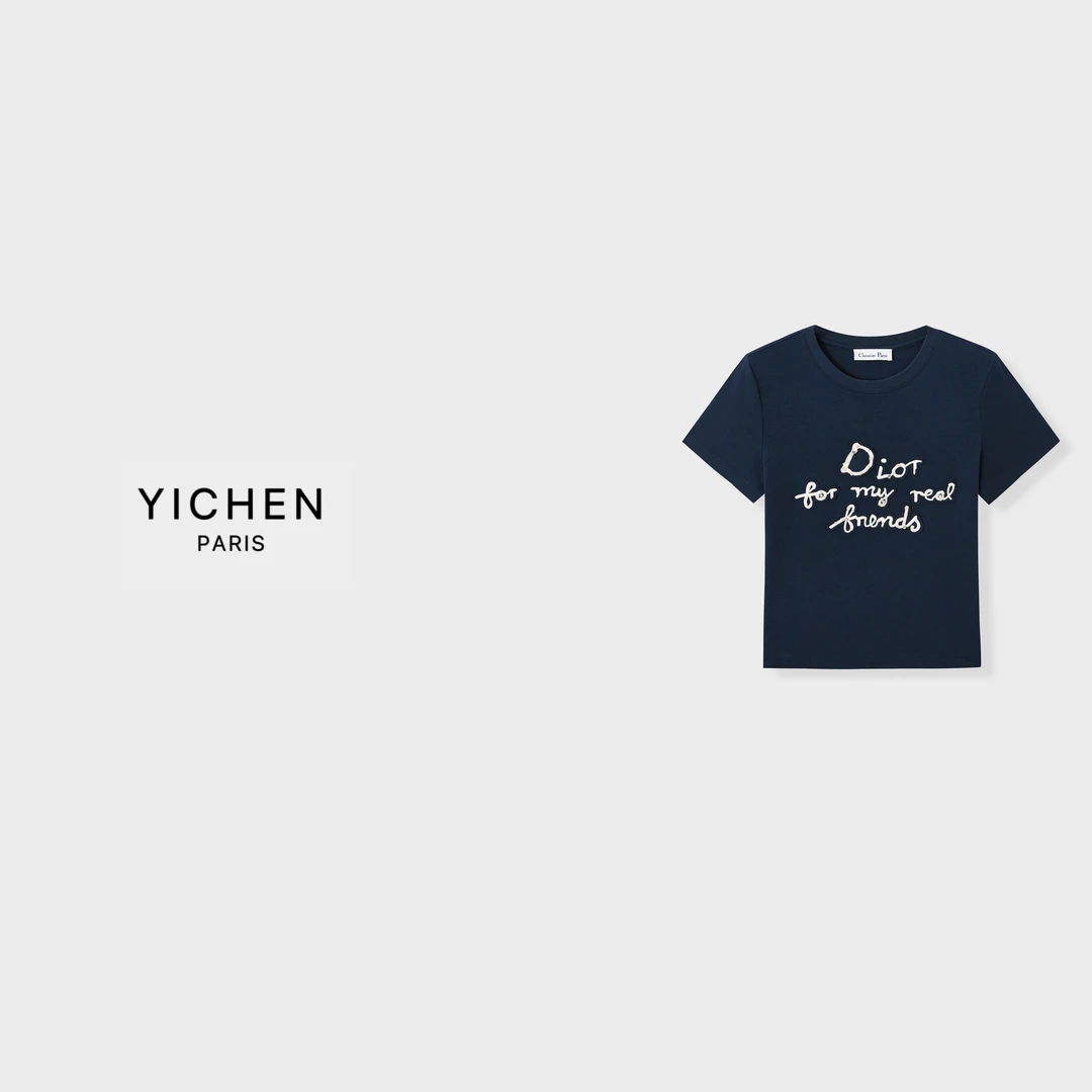 YC 重工藏蓝色字母钉钻刺绣圆领百搭休闲T恤-3330