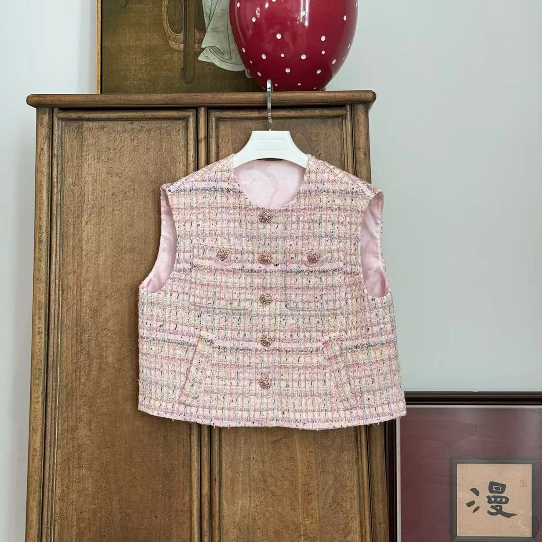 MYL2025春季新品羊毛混纺粉色小香马甲圆领无袖单排扣马夹上衣