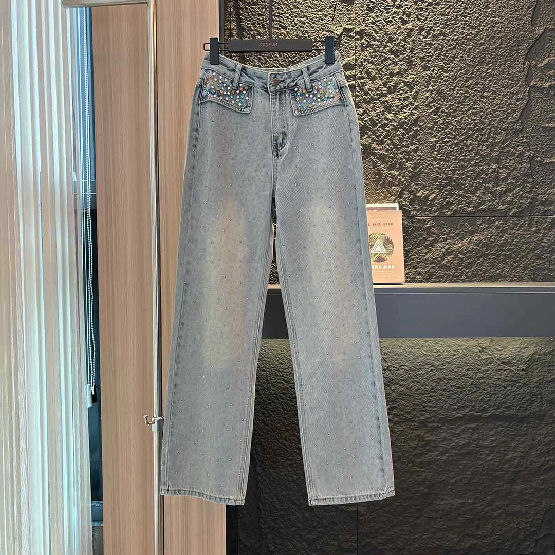 冬季厚款高腰春季高弹磨毛牛仔裤休闲蓝色宽松长裤