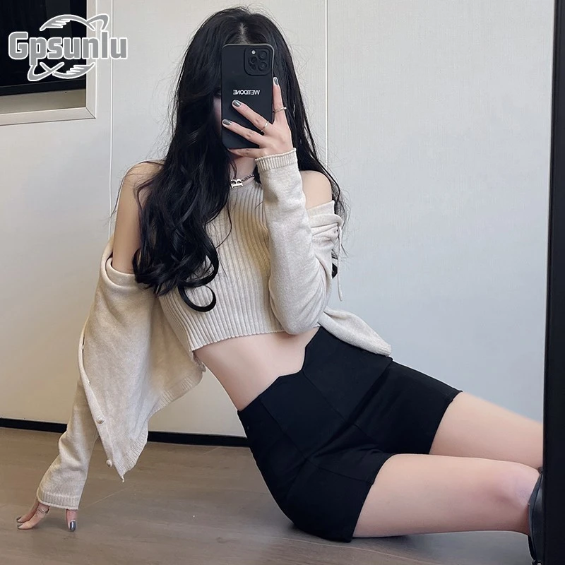 gpsunlu黑色短裤女新款夏季高腰显瘦西装热黑色高腰A字西装短裤