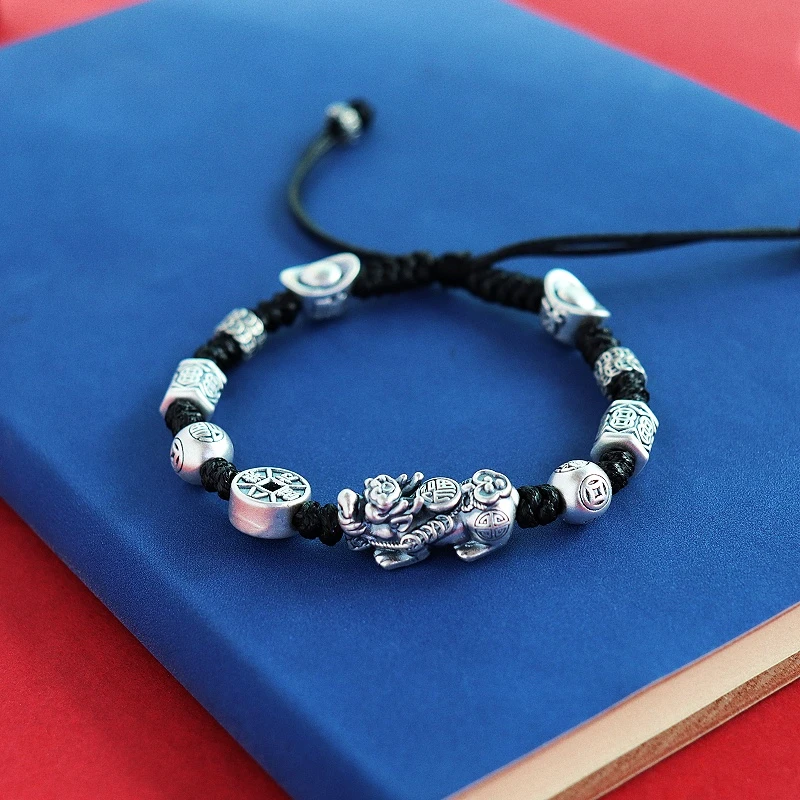 足银手链 足银999手工编制抽拉貔貅手链