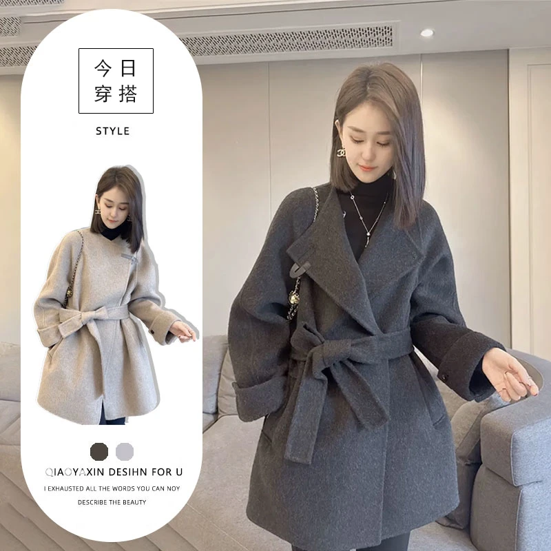 韩版洋气毛呢大衣中长款气质腰带外套女秋冬2025新款时尚百搭上衣