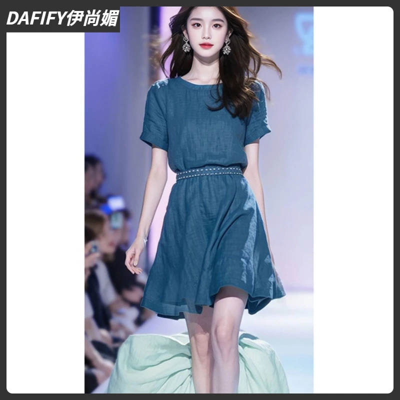 12024新款女夏季法式高冷御姐风超好看小个子显高蓝色收腰连衣裙I