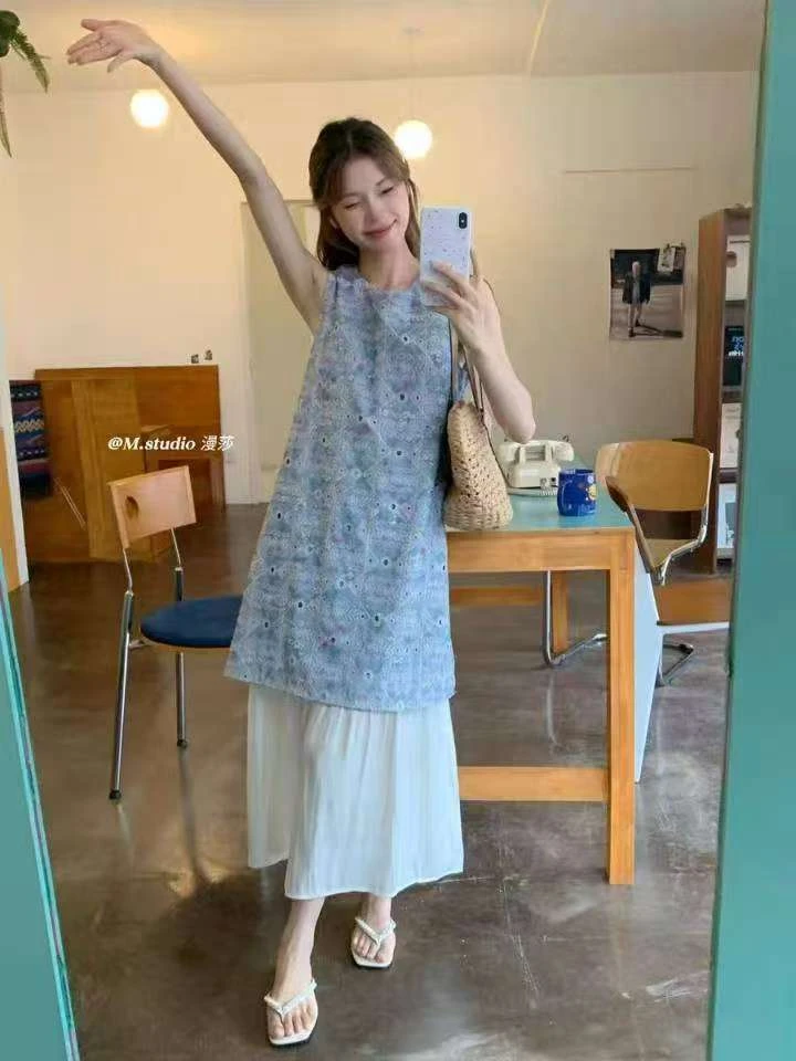 夏季新款必穿十三行中长款连衣裙子休闲宽松法式长裙吊带套装