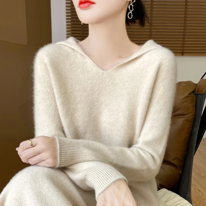 秋冬桂花针羊绒针织女连帽卫衣帽衫长袖纯色毛衣上衣打底衫NJR921