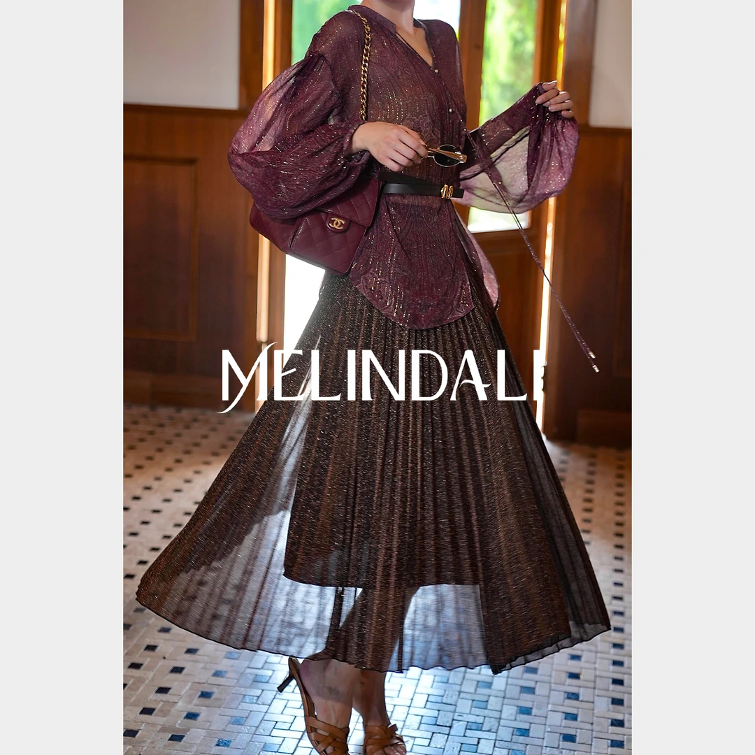 Melinda Li【琥珀百褶】黑标意大利OMNIAPIEGA鎏光金丝咖百褶伞裙