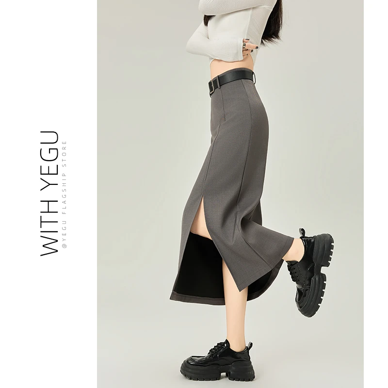 灰色西装裙女春夏秋中长款高腰A字直筒半身裙小个子侧开叉包臀裙
