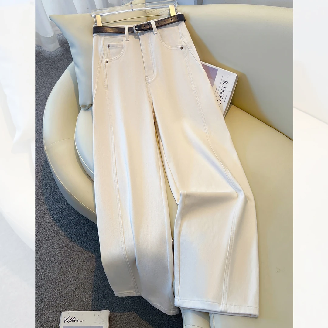 白色弯刀裤牛仔裤女秋冬2025新款高腰显瘦加绒加厚宽松直筒阔腿裤