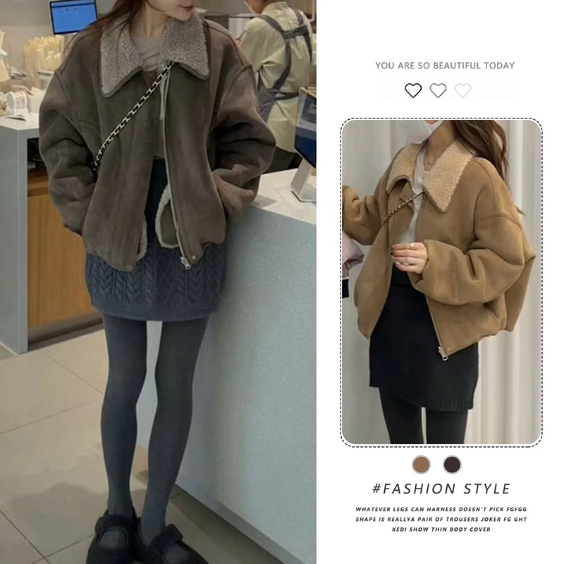 中欧复古翻领短外套女2025冬季新款羊羔绒时尚加厚保暖小个子夹克