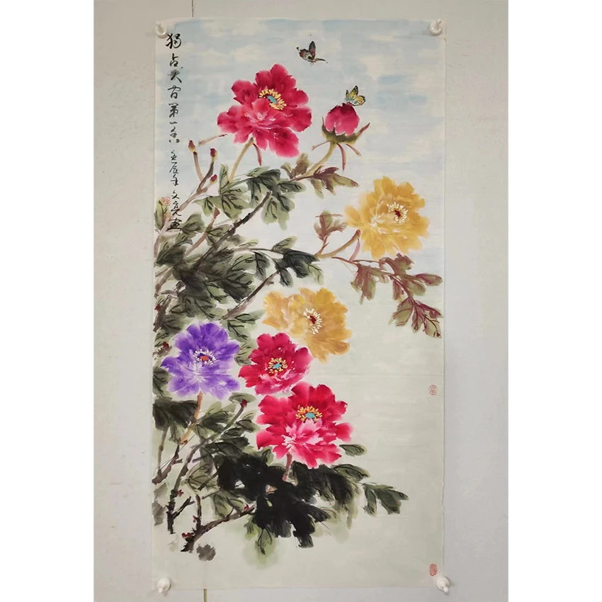 2791  纯手绘老字画《牡丹》中堂  尺寸 137×68