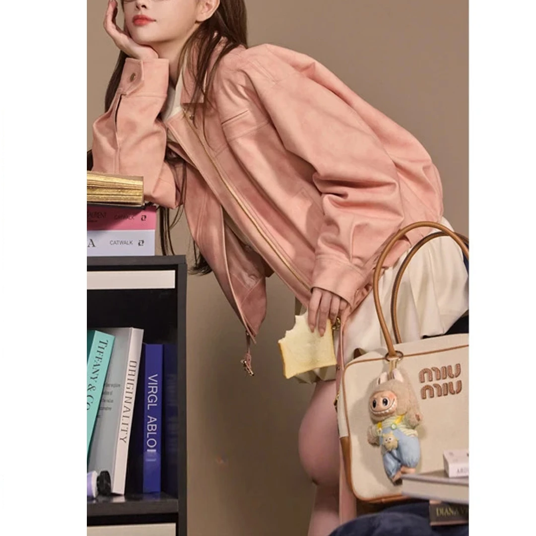 简色纯穿搭柔软奶皮 宽松廓形短款甜酷皮外套潮女