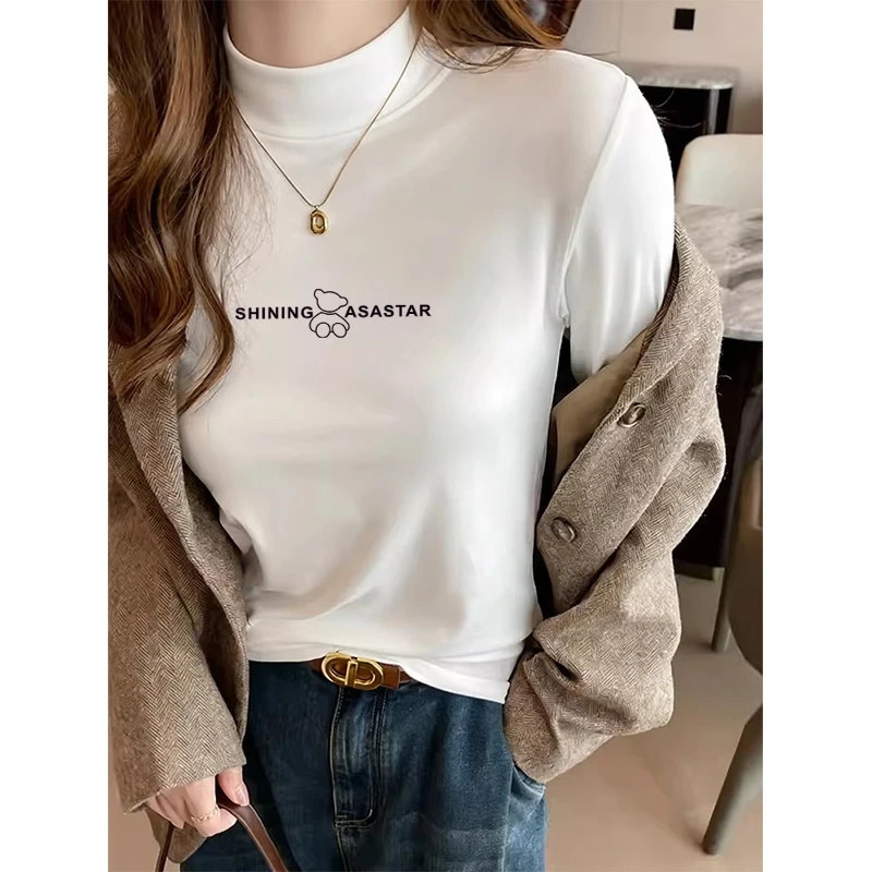 2026春季德绒长袖t恤女白色高领加厚时尚休闲百搭显瘦打底衫上衣