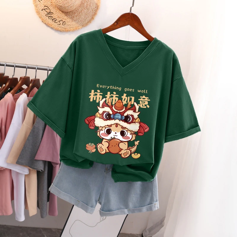大码oversize宽松夏季V领纯棉短袖t恤女胖mm休闲百搭显瘦遮肚上衣