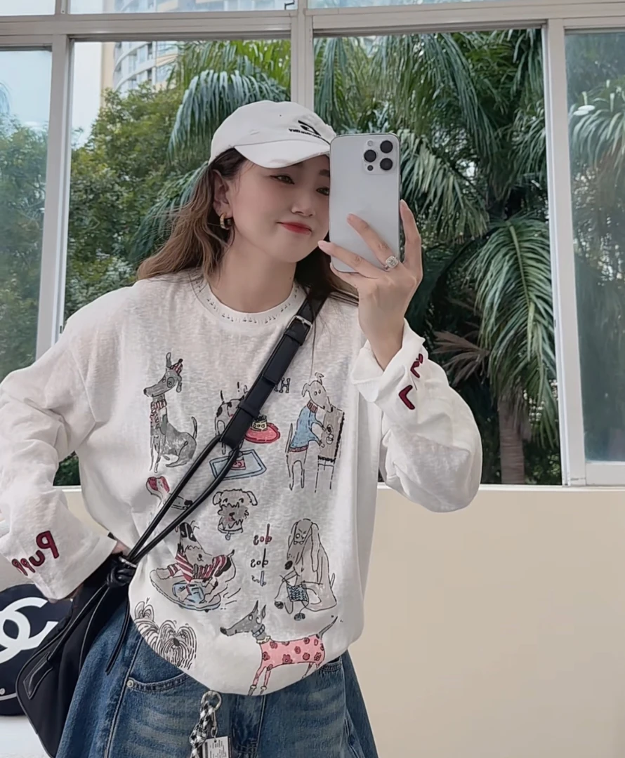 佟掌柜-趣味小狗 薄款长袖韩系印花防晒夏款T恤