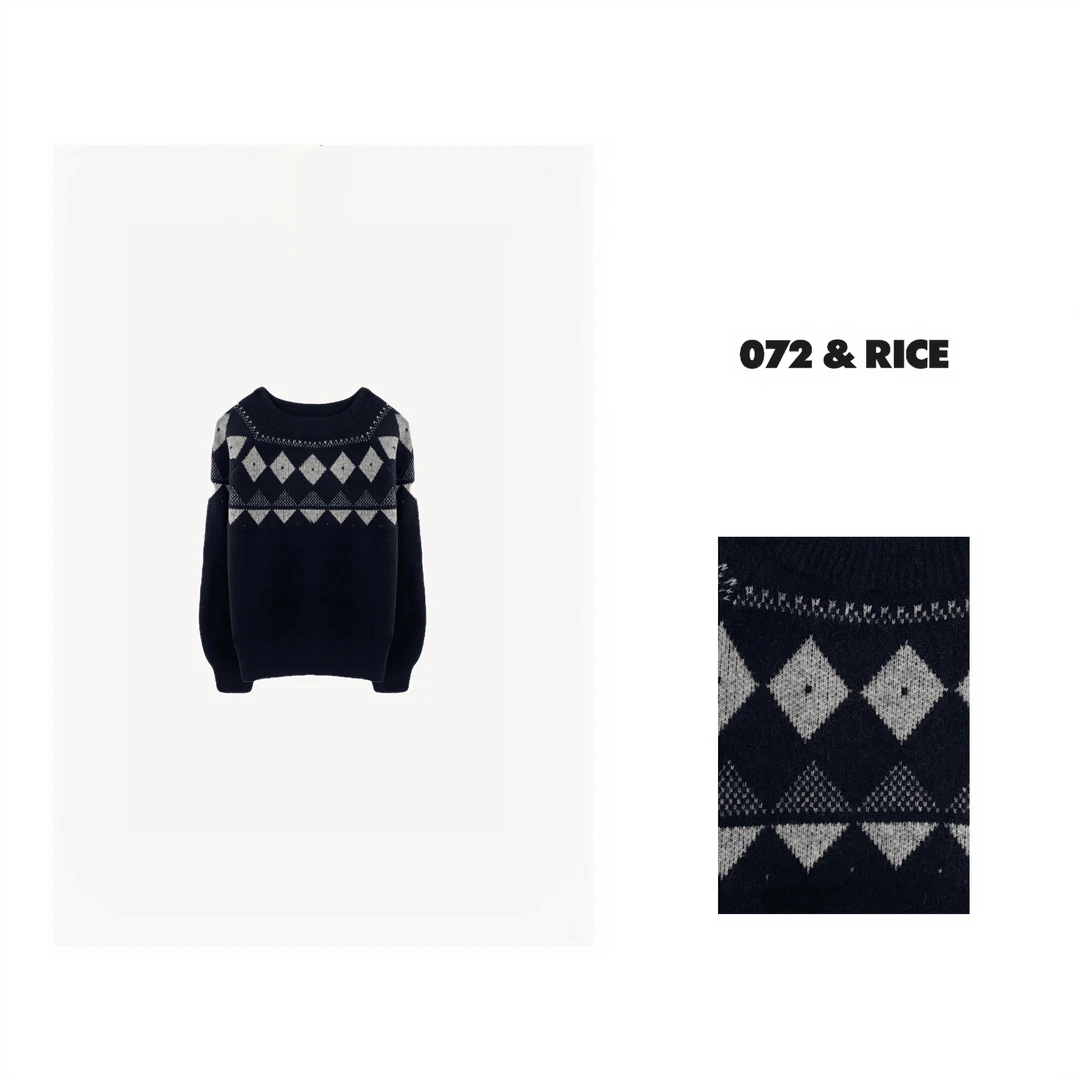 072 & RICE【万花筒】秋季休闲圆领菱格长袖复古针织衫 6666 FF