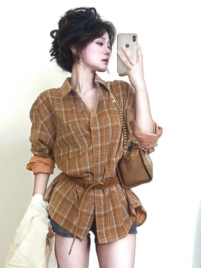 韩系chic别致卡其色翻领格纹衬衫秋季女装轻熟小众不撞款国风上衣