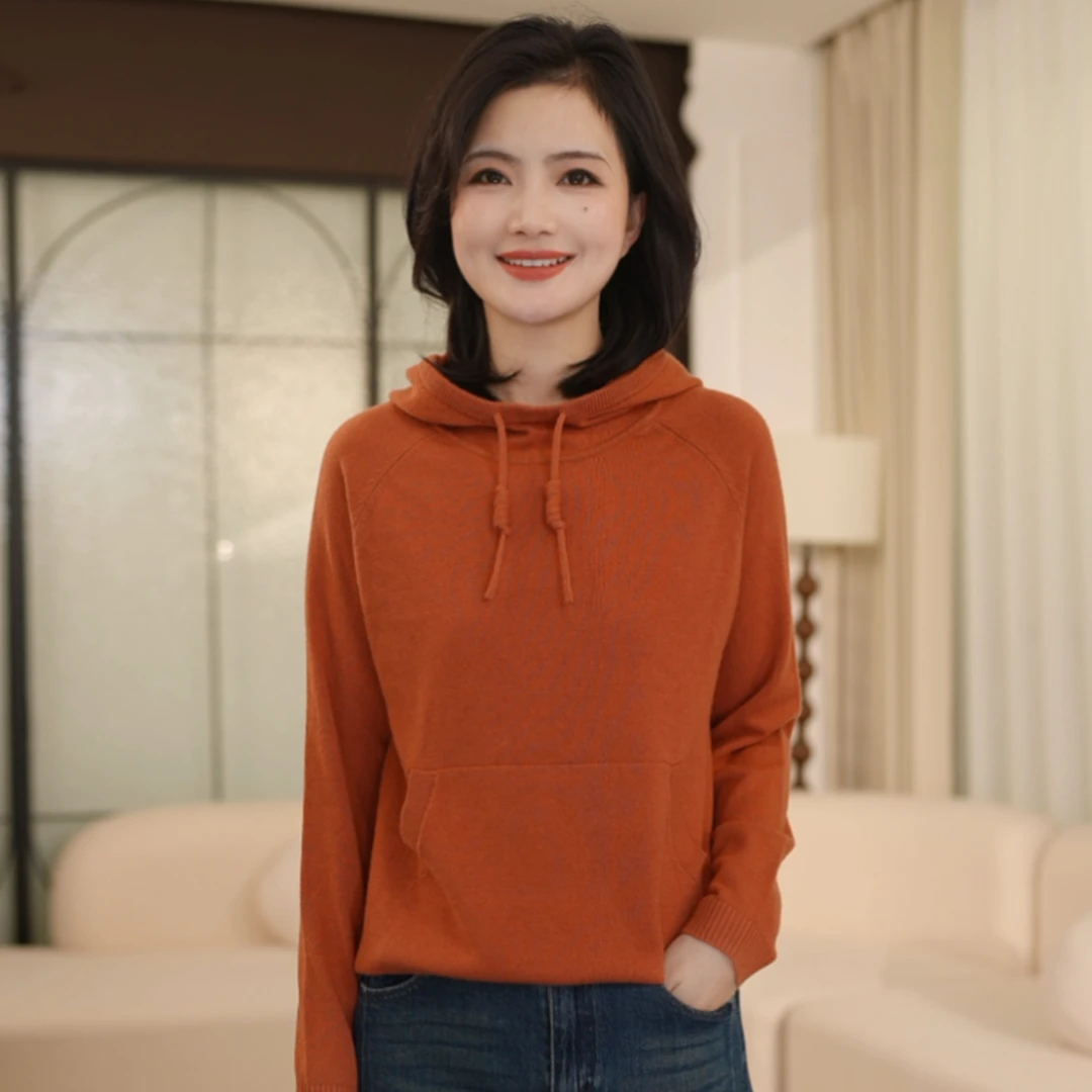 枫竺阿楠anan连帽抽绳纯色保暖羊毛衫女秋冬休闲套头卫衣针织衫