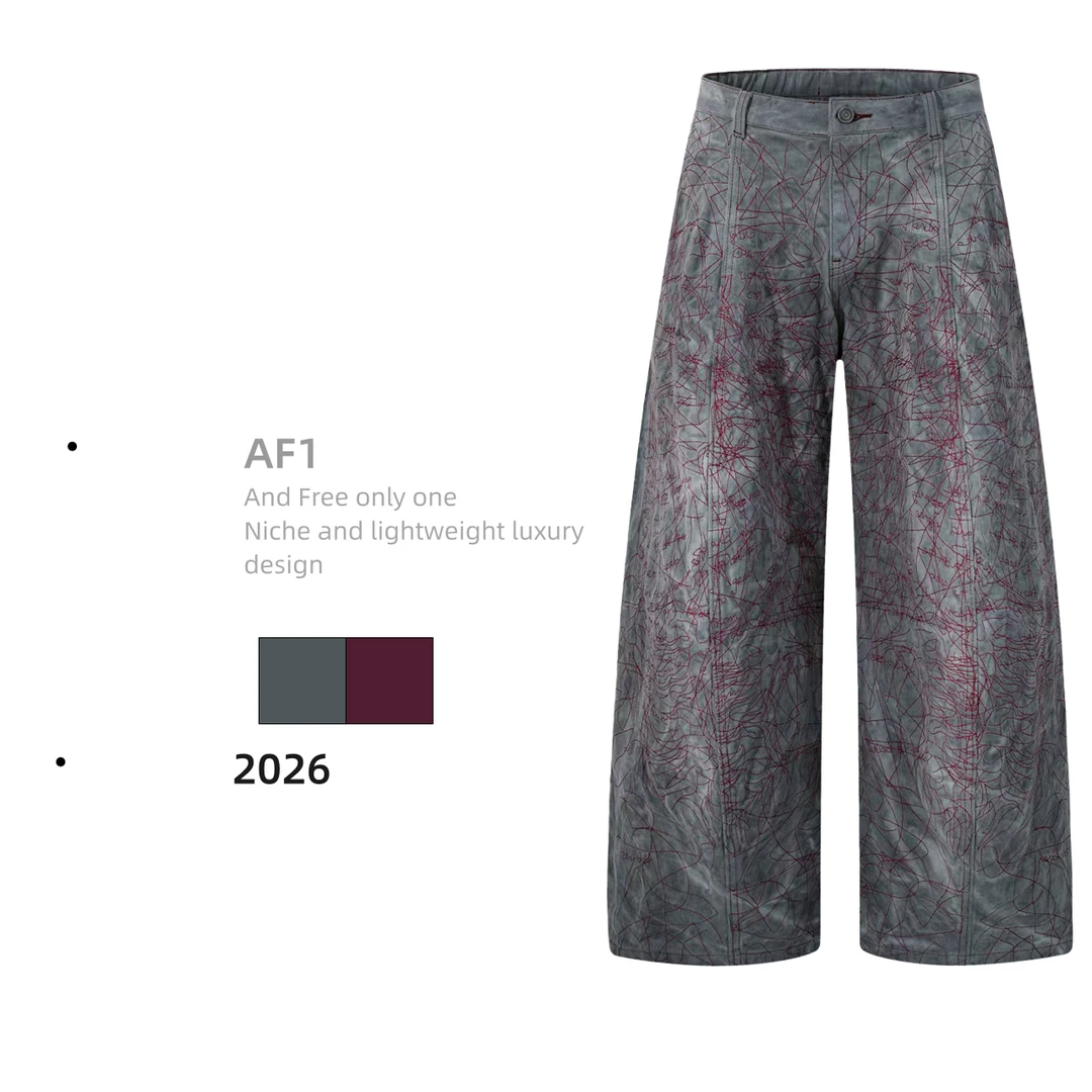 AF1轻奢高定68万针刺绣文字美式阔腿裤立体设计感超潮牛仔裤男款