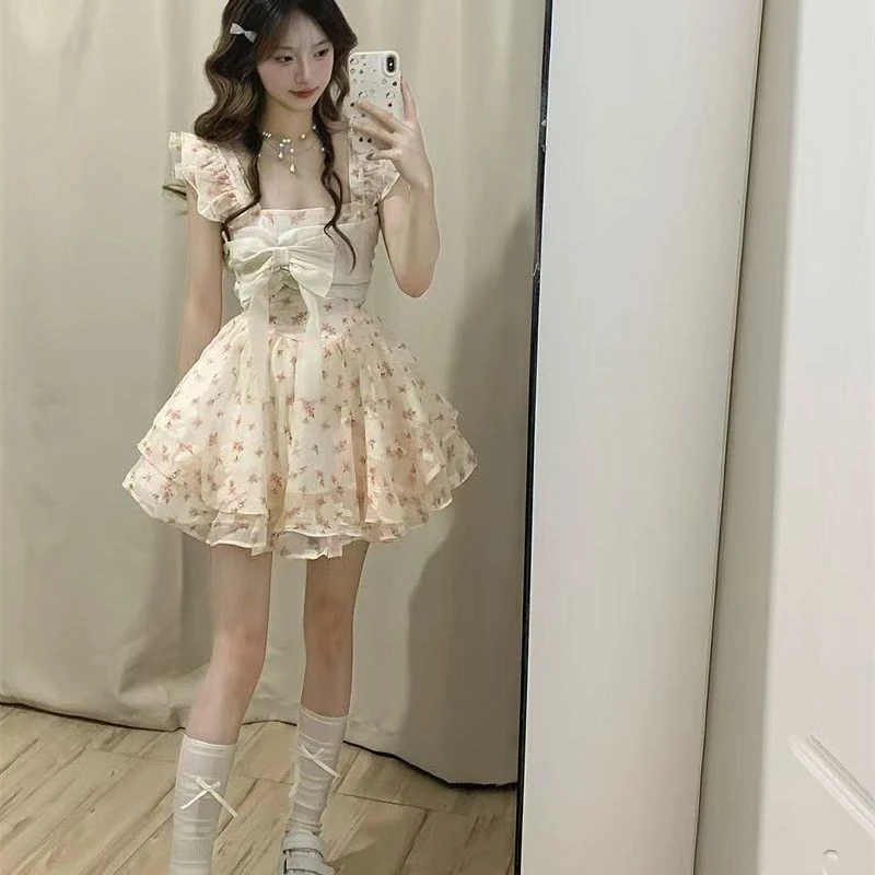 花仙芭蕾 蝴蝶结碎花连衣裙吊带甜美夏季公主新款收腰显瘦蓬蓬裙