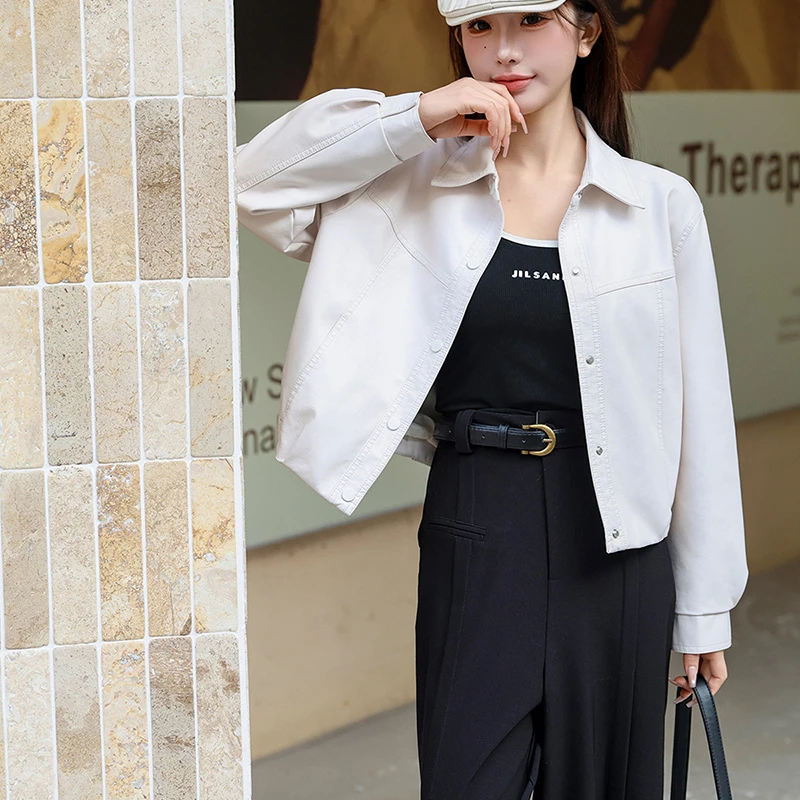 米白色短款皮衣外套女25春季新款宽松休闲百搭翻领蛋白皮水洗夹克