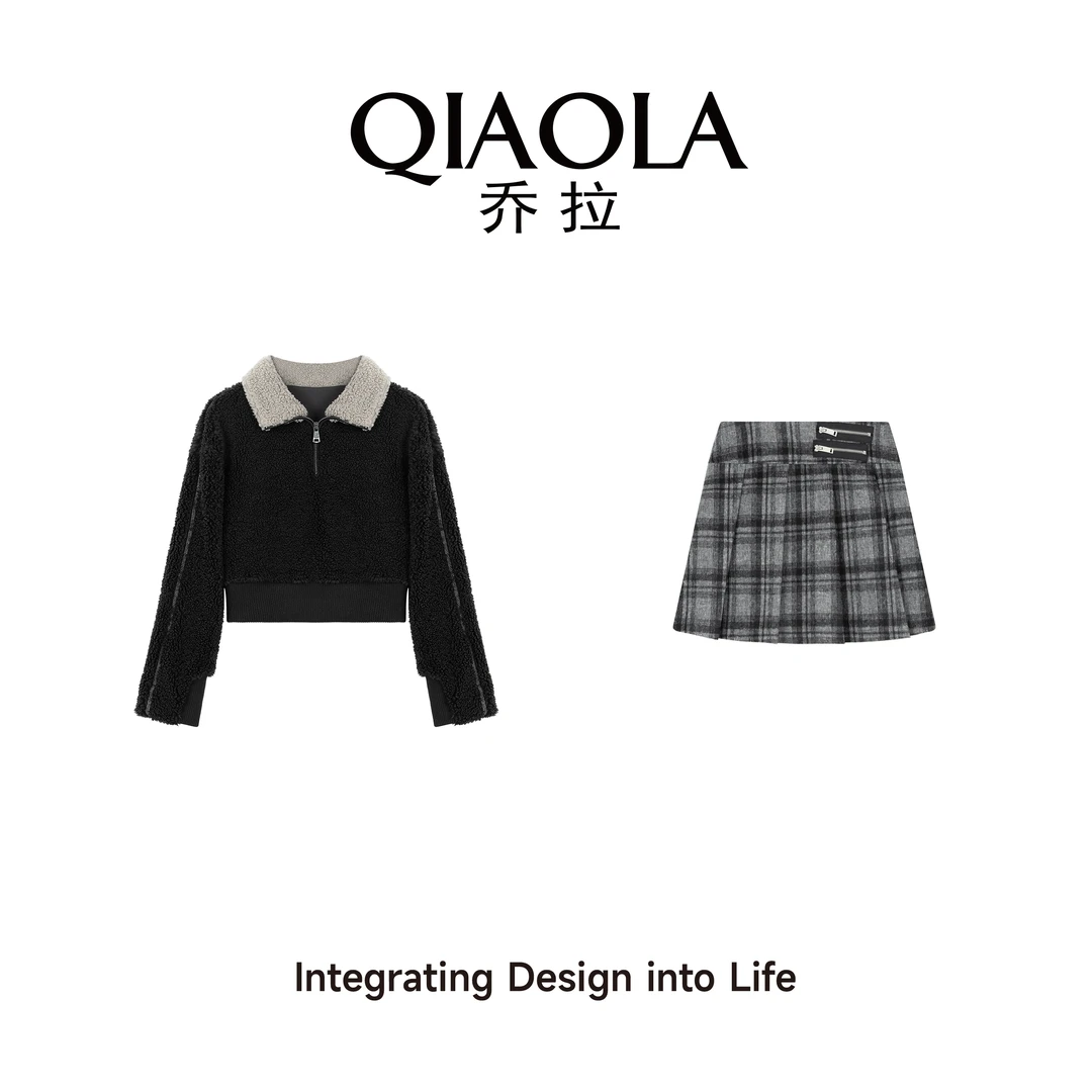 QIAOLA/乔拉【暖色初语】秋冬季摇粒绒翻领格纹减龄A版时尚套装预售